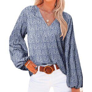 Women Casual Boho Blouse Fashion Floral Shirts V Neck Long Puff Sleeve Top